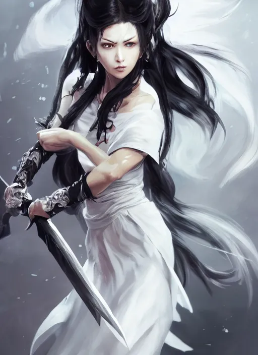 Image similar to a highly detailed illustration of fierce messy ponytail black haired one armed!!! delinquent woman wearing long white tokkoufuku cape, dramatic wielding sword pose, muscular, intricate, elegant, highly detailed, centered, digital painting, artstation, concept art, smooth, sharp focus, league of legends concept art, wlop.