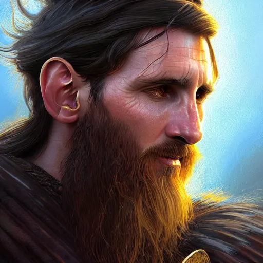 Image similar to Messi as a viking, closeup, D&D, fantasy, intricate, elegant, highly detailed, digital painting, artstation, concept art, matte, sharp focus, illustration, art by Artgerm and Greg Rutkowski and Alphonse Mucha