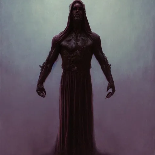 Image similar to portrait of Tom Cruise as demonic Jesus Christ in hood and crown of thorns, three quarter view, dark fantasy, Warhammer, artstation painted by Zdislav Beksinski and Wayne Barlowe