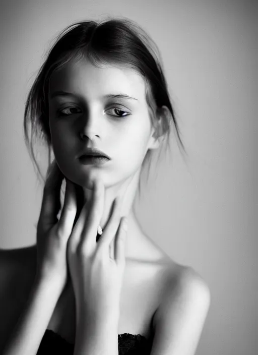 Image similar to emotiona fashion portrait photography of a young fragile and beautifull girl by julia hetta