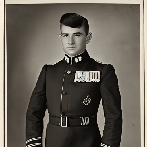 Prompt: his highness the heir presumptive, a clean shaven man in his early 3 0 s with a pleasant look and thick, light hair, his military uniform bearing several medals, black and white photography, kodak retina i, 3 5 mm, photo taken 1 9 0 8