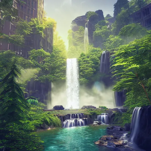 Image similar to new york surrounded by waterfalls on a floating island in the sky, low poly art, isometric art, 3d render, ray tracing, high detail, artstation, concept art, behance, smooth, sharp focus, ethereal lighting, unreal engine 5