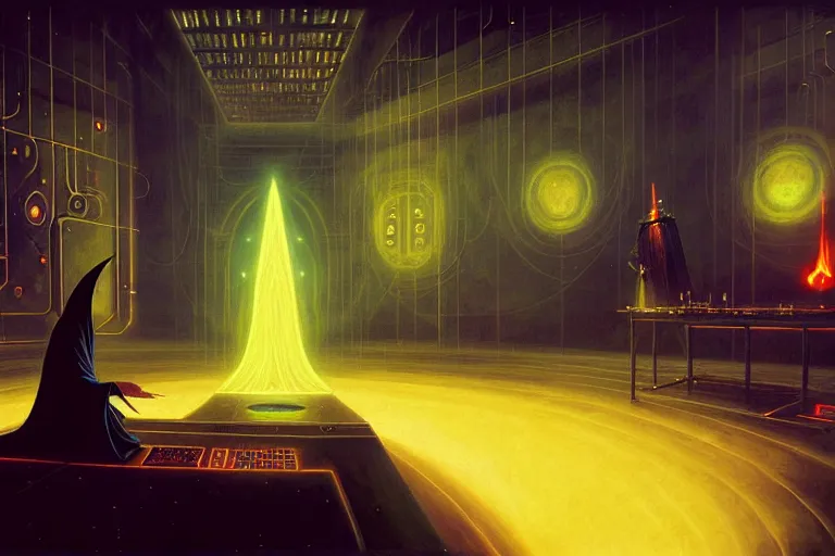 Prompt: a beautiful masterpiece painting of a technomancer wizard in black robes with pointed hood discussing sentience with his synthesized AI djinn in his laboratory filled with computers by Remedios Varo and Anato Finnstark and Greg Rutkowski