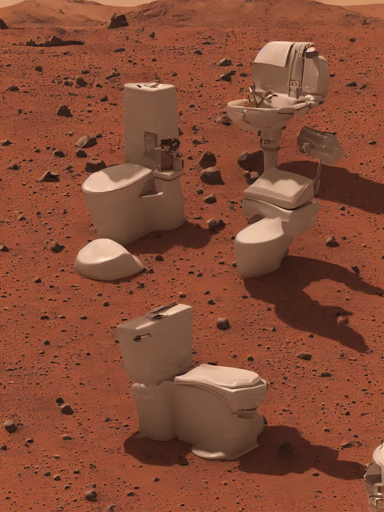 Image similar to a lunatic finds a toilet on mars, 4k, photoreal, colour polaroid photo