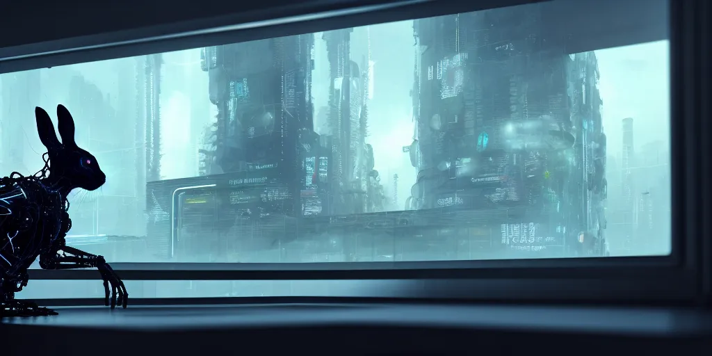 Prompt: a black water rabbit with biomechanical cybernetic body is watches the news on his smartphone near a window with dystopian city visible outside. very detailed 8 k. cyberpunk fantasy style. unreal engine render. global illumination. nanite. rtx. path tracing.