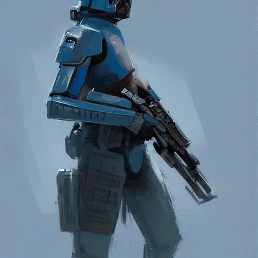 Image similar to star wars concept art by greg rutkowski, soldier wearing a blue and black tactical gear, digital painting, artstation, concept art, smooth, sharp foccus ilustration, artstation hq