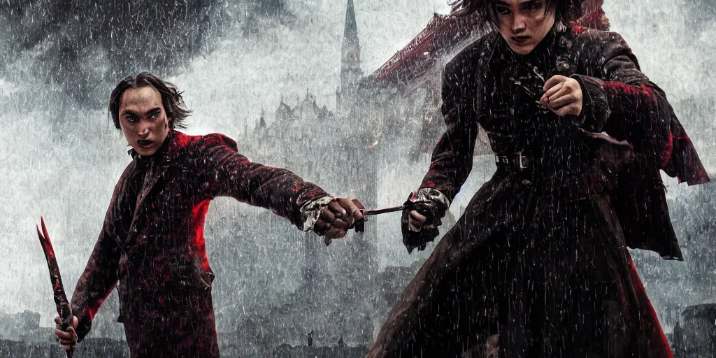 Image similar to frank dillane fighting dracula in victorian london, film still, full body portrait, 3 5 mm, highly detailed, dynamic lighting, intricate, digital painting, liam wong