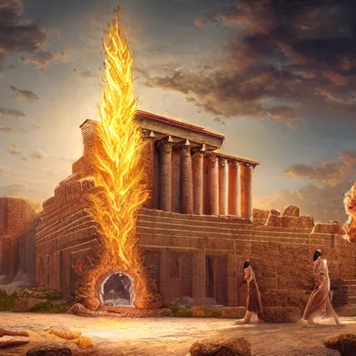 Image similar to a beautiful and realistic matte painting of the Temple of Herod aflame