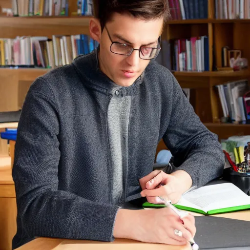 Prompt: photo of man doing homework