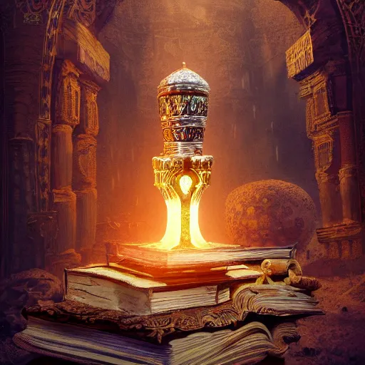 Image similar to !dream epic view of an ancient dark byzantine interior, ornate oil lamp on a pile of crystals, books covered in jewels, ornate, surrounded by strange statues and treasure, full of sand and dust, hyper real, Indiana Jones, Tomb Raider, trending on artstation, concept art, cinematic, jewels, by Greg Rutkowski