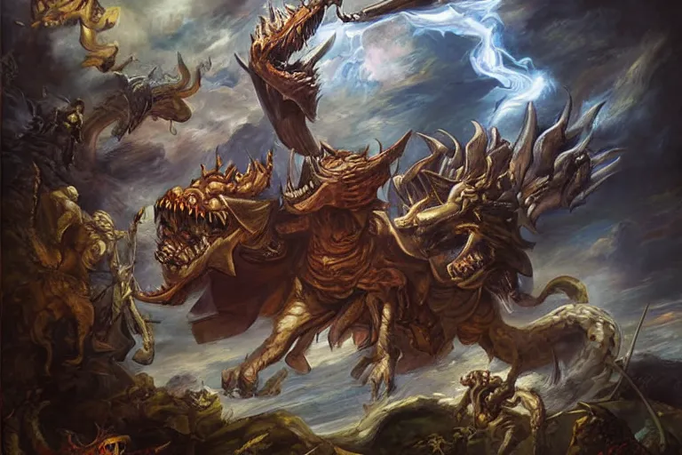 Image similar to Dungeons and Dragons monster by Pieter Paul Rubens and Alphonse Much, poster colors, dramatic lighting, hyper detailed, dramatic camera angle