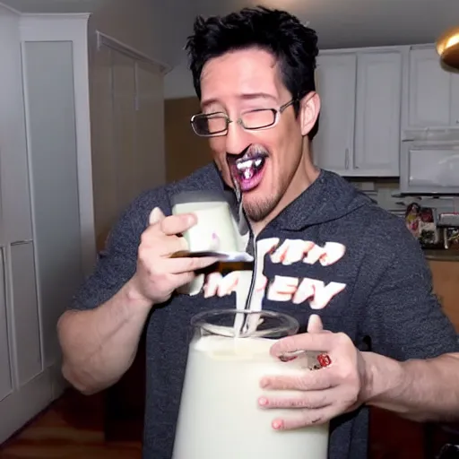 Image similar to markiplier drinking milk, spilling everywhere, overconsumption