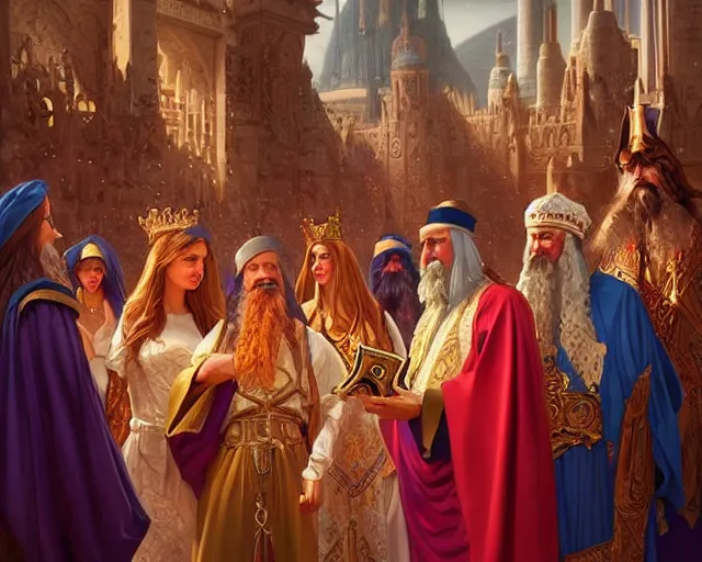 Image similar to king solomon of israel with his 7 0 0 beautiful wives, photography of kurzgesagt, deep focus, d & d, fantasy, intricate, elegant, highly detailed, digital painting, artstation, concept art, matte, sharp focus, illustration, hearthstone, art by artgerm and greg rutkowski and alphonse mucha