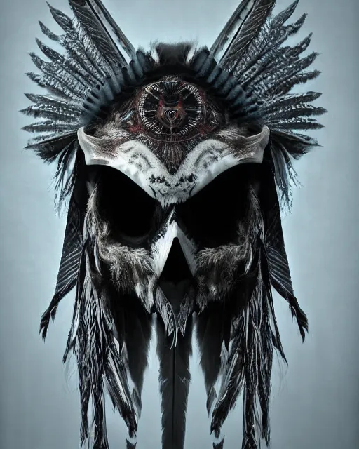 Image similar to owl - skull ghost - spirit of the grim - warpaint wears the scarlet armor and native blood headdress eyes, midnight fog - mist!, cinematic lighting, various refining methods, micro macro autofocus, ultra definition, award winning photo, photograph by ghostwave - gammell - giger - shadowlord
