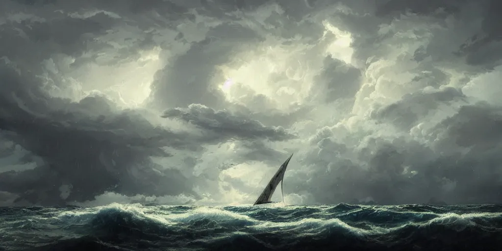 Image similar to A sailing boat struggles through stormy seas, an intense storm blacks out the sky, lit by lightning, Greg Rutkowski and Studio Ghibli