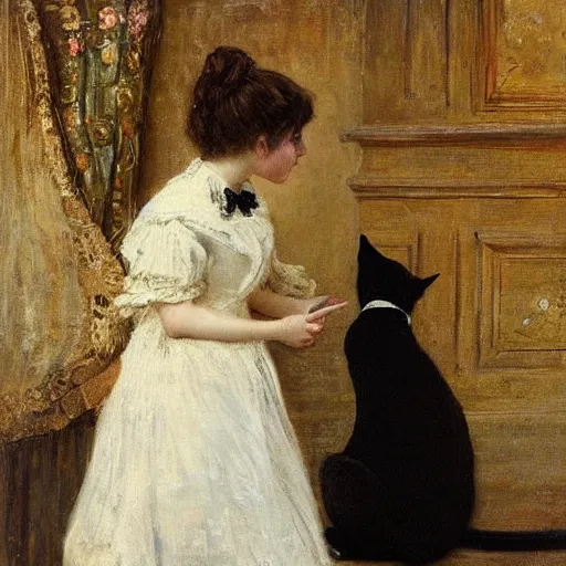 Image similar to young victorian lady in ball gown trying to pet a distressed cat, painted by alfred stevens