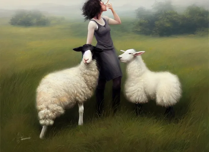 Image similar to wide shot painting of a border collie kissing a sheep in a pasture, beautiful, intricate, elegant, realistic proportions, highly detailed, scenic background, trending on artstation, art by charlie bowater and henry asencio and and ross tran