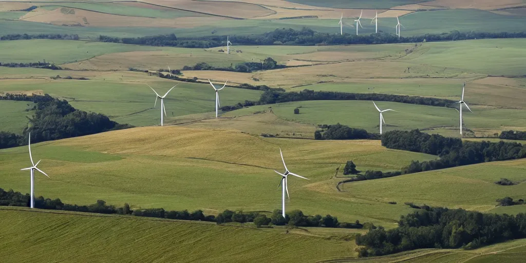 Prompt: beautiful wind farms in the fields