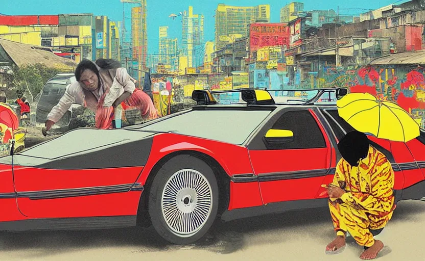 Image similar to a red delorean and a yellow tiger in ajegunle slum of lagos - nigeria, painting by hsiao - ron cheng, utagawa kunisada & salvador dali, magazine collage style,