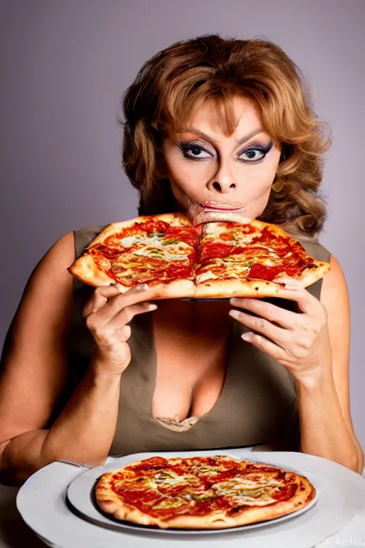 Image similar to professional studio photo of sophia loren eating!!! a pizza! margherita, closeup, portrait photo, diffuse light, muted colors, 5 0 mm, bokeh, acclaimed masterpiece