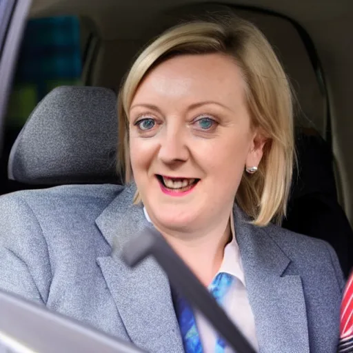 Image similar to liz truss sat in a car looking at a no u turn sign