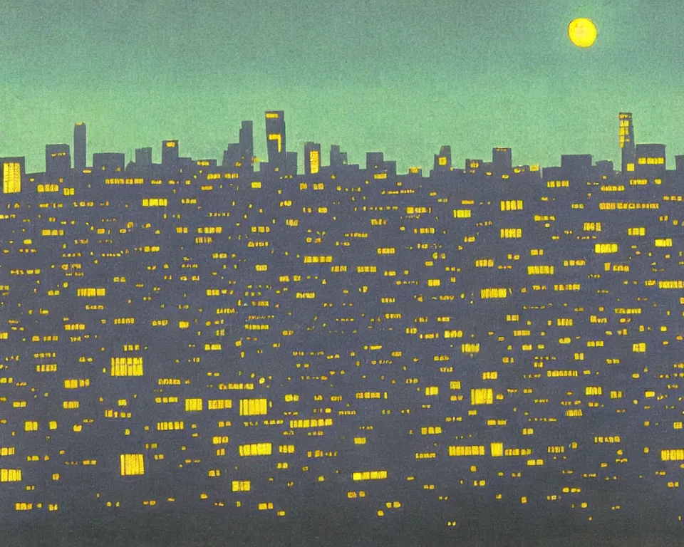 Image similar to achingly beautiful print of the Los Angeles skyline bathed in moonlight by Hasui Kawase and Lyonel Feininger.