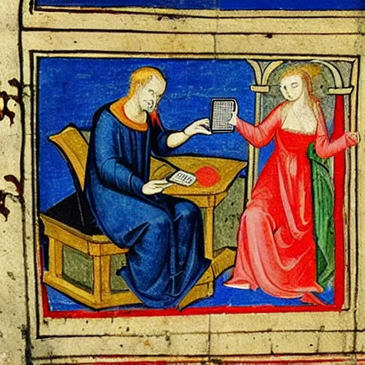 Prompt: medieval painting of the devil tempting a woman checking her iphone, ink and dye on parchment