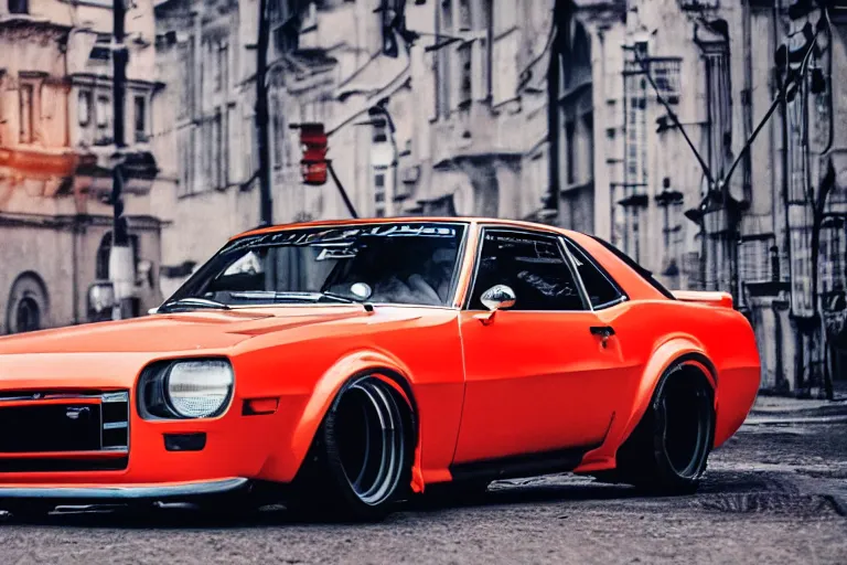 Image similar to widebody audi camaro b 1 ( 1 9 6 9 ) drifting, need for speed : carbon, at night, neon lines, lviv historic centre, phonk music background, smoke behind wheels, noise, dark, establishing shot