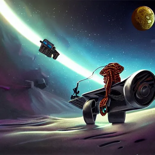 Prompt: art, digital painting, synthwave, cyborg robot cat with gun on the flight bike on the moon, realistic, hyperdetailed, concept art