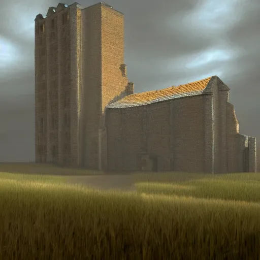 Prompt: granary conveyor belts emerging from a towering abbey, digital art, environment art, volumetric lighting