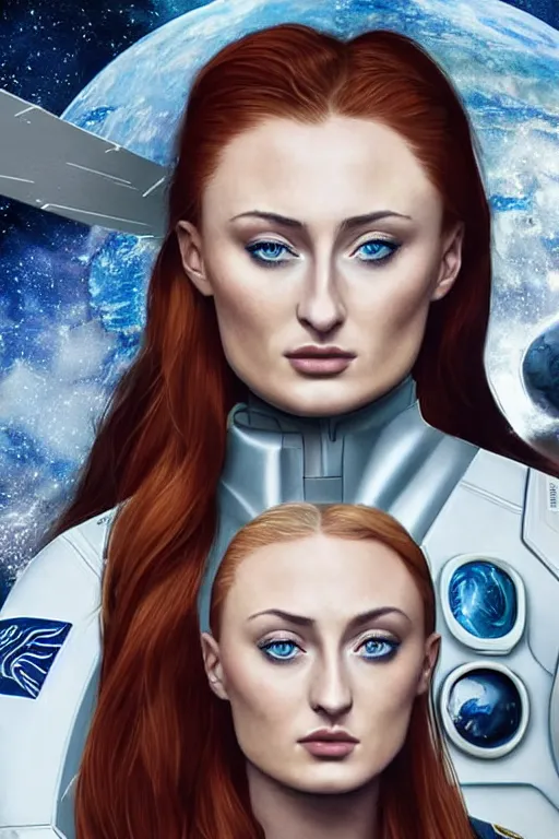 Prompt: Sophie Turner as a Space commander, detailed face