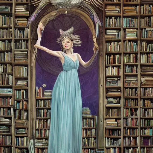 Image similar to a portrait of a older anya taylor - joy as the goddess minerva surrounded by stacks of books, owls, bioluminescent gown with deep level of detail of esoteric symbols, urban motifs, intricate, elegant, highly detailed, digital painting, trending on artstation, smooth sharp focus, illustration, art by artgerm and greg rutkowski