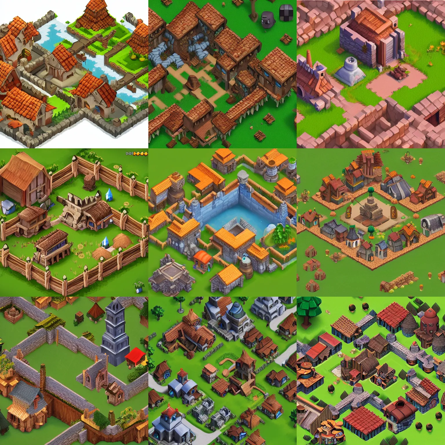 Prompt: isometric view of medieval village in the middle of forest, clash of clans style, game dev art