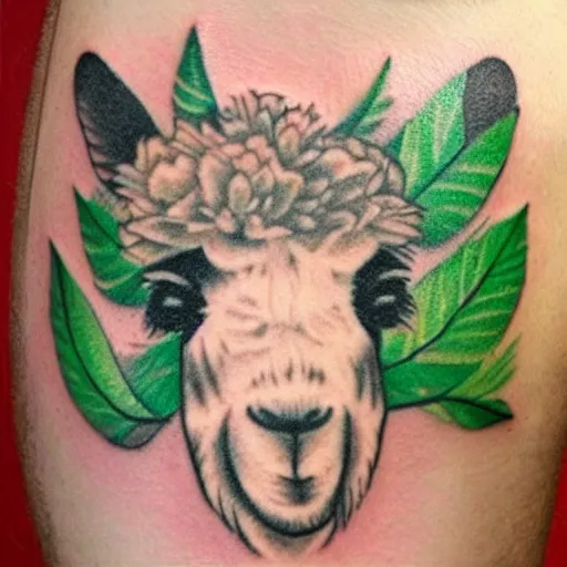 Prompt: tattoo idea of a alpaca face on a green leaf