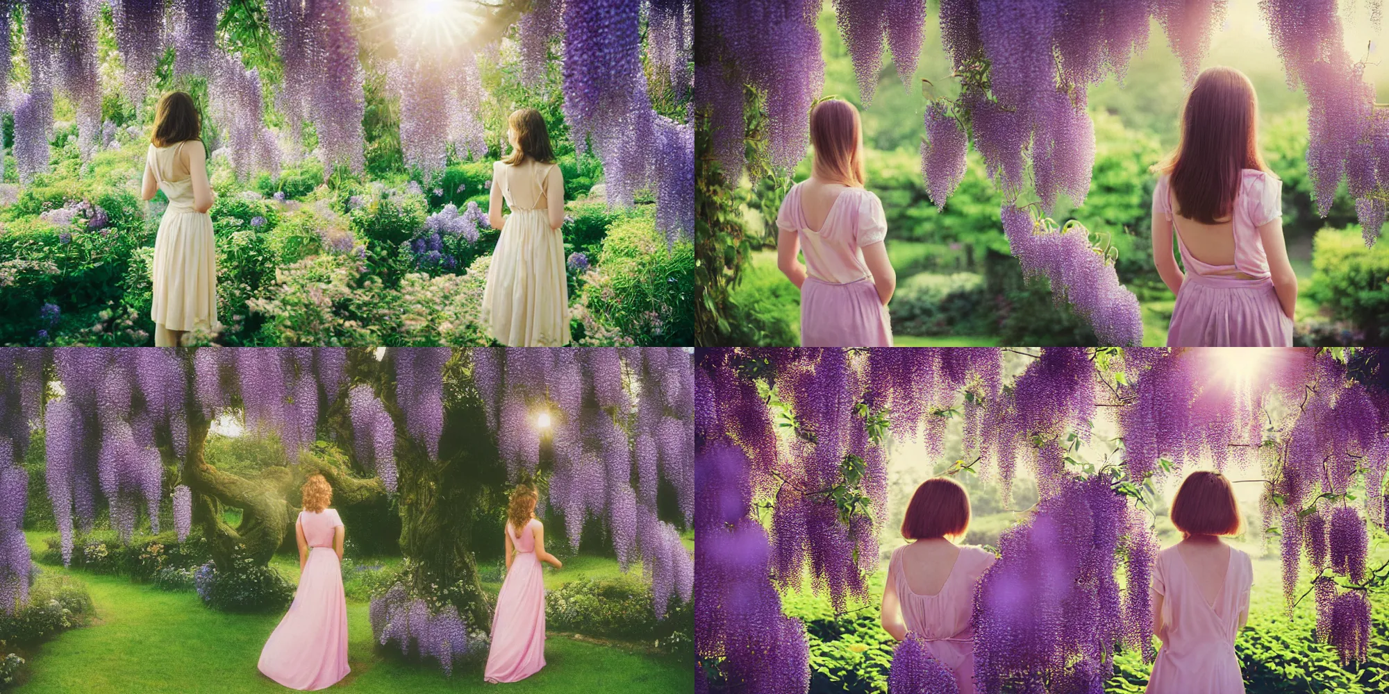 Prompt: photograph of a beautiful!!! woman! from the back standing in lush wisteria gardenhouse field by mark owen. scotland mood. pastel colors. kodak portra 4 0 0 film!!. whirl bokeh!. mamiya 7. highly detailed. hq. photoreal. golden hour. lens flare. faded film. in - frame