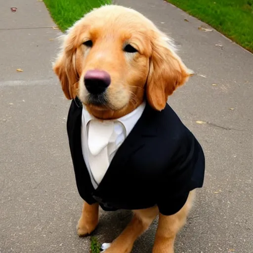 Image similar to a golden retriever that looks like tom cruise wearing a suit