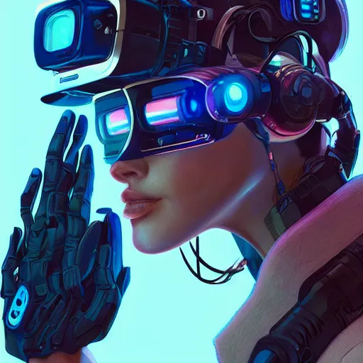 Image similar to a portrait of a beautiful cybernetic girl wearing occulus rift headset, cyberpunk concept art by nick sullo and josan gonzalez and syd mead and masamume shirow and katsuhiro otomo and , digital art, highly detailed, intricate, sci-fi, sharp focus, Trending on Artstation HQ, deviantart, unreal engine 5, 4K UHD image