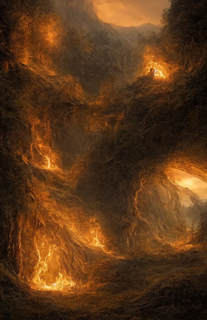 Image similar to a highly detailed glowing fire light portal within an austria landscape, detailed, hyperreal phantastic, intricate details in environment, luminance, golden ratio, high aestehtic, cinematic light dramatic light, godrays, distance, photobash, wideangle, terrence malick, hyperreal 4 k