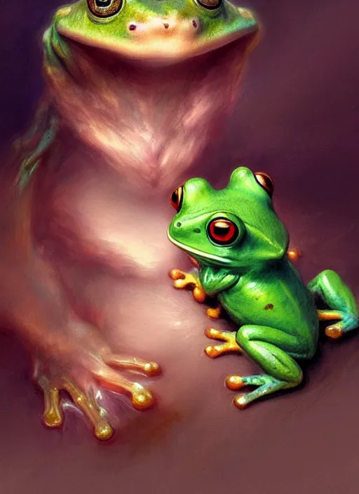 Prompt: a beautiful portrait of cute anime frog looking expecting plush toy, digital art by eugene de blaas and ross tran, vibrant color scheme, highly detailed, in the style of romanticism, cinematic, artstation, greg rutkowski