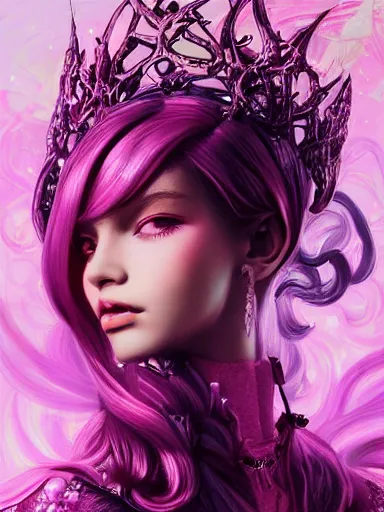 Image similar to pink portrait of beautiful female angel queen Jisoo blackpink head wearing shiny pink crown, subtle purple accents, hyper details, black metal rococo, sculpted by Alex Alice, Craig Mullins, yoji shinkawa, trending on artstation, beautifully lit, Peter mohrbacher, hyper detailed, insane details, intricate, elite, elegant, luxury, ray of light through smoke, CGsociety, hypermaximalist, golden ratio, volumetric, octane render, weta digital, micro details, 3d sculpture