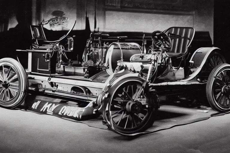 Image similar to cyberpunk 1 9 0 3 stanley steamer racecar, volumetric lighting, in a museum, museum exhibit, museum lighting, 9 0 s film photo