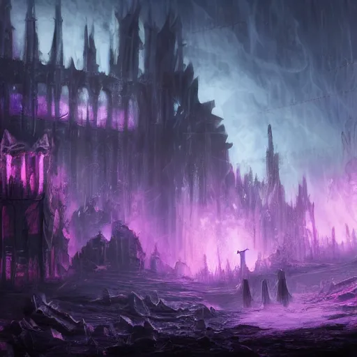 Prompt: a still of a hooded and cloaked figure in black standing in the ruins of crux prime, destroyed castle, purple and blue fiery maelstrom in the distance, digital art, artstationhq