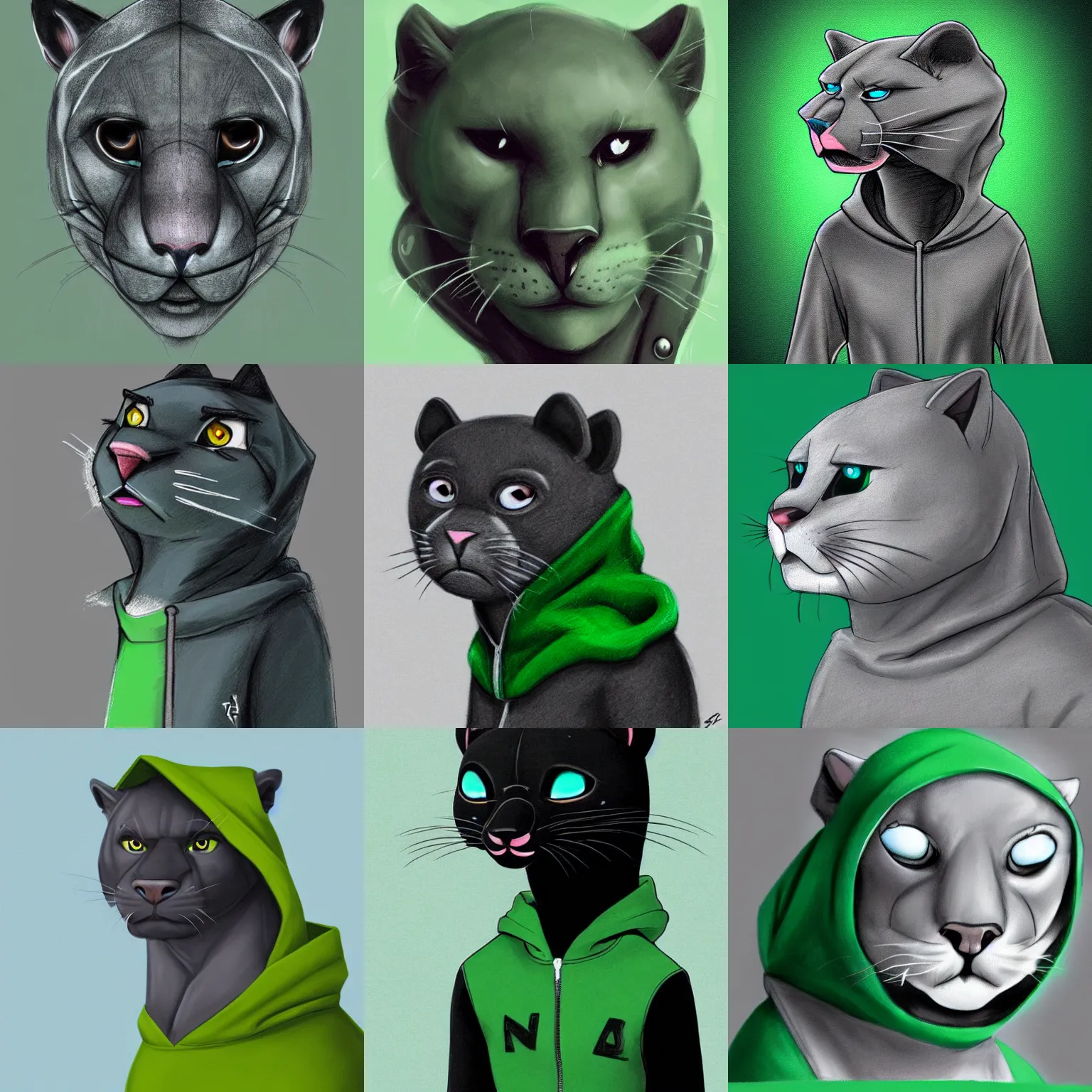 Prompt: a cute portarit drawing of a grey anthropomorph panther wearing a hoodie, green and black hair, artstation, hyperrealistic