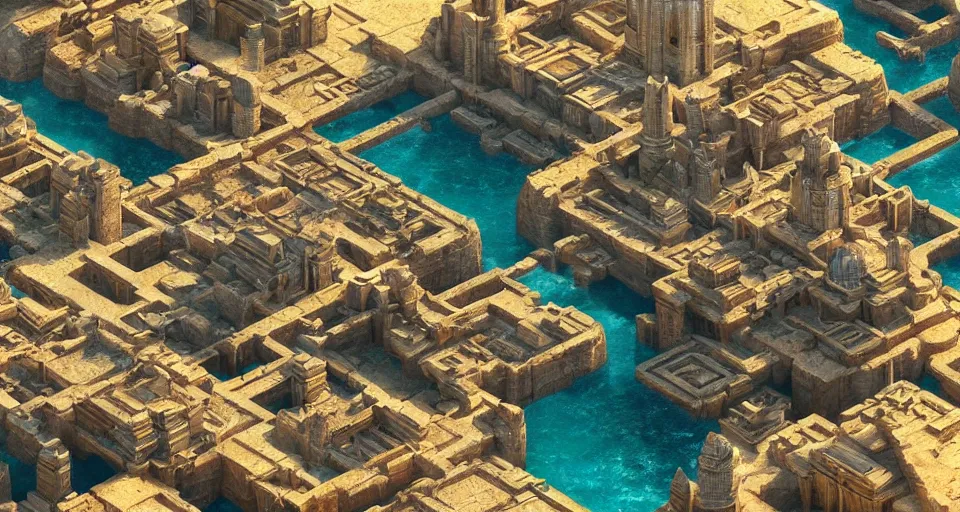 Prompt: ancient city of atlantis with big buildings in gold, asgard, ocean, fantasy, magical, cinematic, establishing shot, eye level, wide angle, epic scale, raytracing, volumetric lighting, extremely detailed, sharp focus, coherent, amr elshamy, filip hodas, brian miller