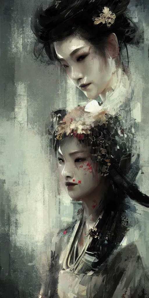 Image similar to female geisha girl, beautiful face, rule of thirds, intricate outfit, spotlight, by greg rutkowski, by jeremy mann, digital painting