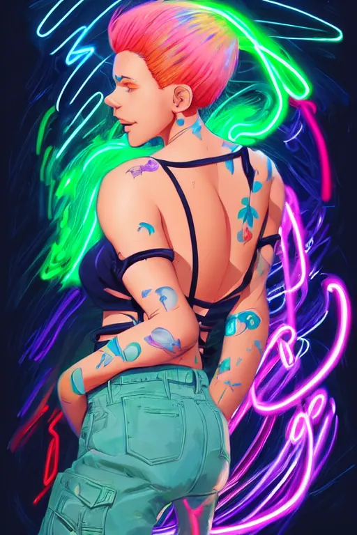 Image similar to a award winning full body portrait of a beautiful woman with stunning eyes in a one off shoulder croptop and cargo pants with rainbow colored hair, outlined by whirling illuminated neon lines and fine lines swirling in circles by jesper ejsing and rhads and makoto and shinkai and lois van baarle, digital art, trending on artstation