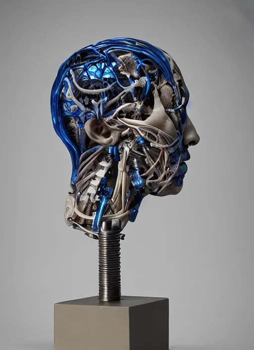 Prompt: a bust sculpture of anatomical detailed cyborg, blue blood ceramic base, orthographic, studio lighting