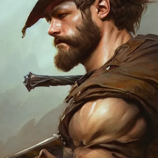 Image similar to portrait of a rugged ranger, muscular, upper body, sword, bow, D&D, fantasy, intricate, elegant, highly detailed, digital painting, artstation, concept art, smooth, sharp focus, illustration, art by artgerm and Greg Rutkowski and Alphonse Mucha