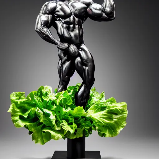 Image similar to sculpture of a bodybuilder made entirely from fresh lettuce, by antoni gaudi, studio lighting, 8 k, high quality, professional photography