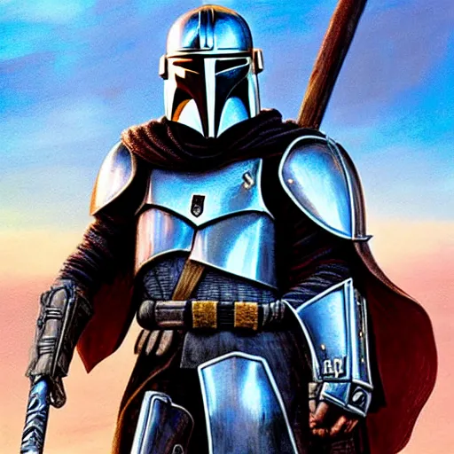 Prompt: a gritty fantasy knight in heavy silver armor holding a large staff wearing a helmet similar to the mandalorian standing in a desert, comic book art, fantasy, oil painting, art by jim lee, bright, golden hour, dramatic,